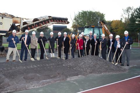 Campus CMG President Tom Sexton, Senior Project Manager Robert Roberts, Assistant Project Manager David Levchuk, and Senior Field Manager David Spitale joined Honeoye Falls-Lima CSD representatives and project team members for the Phase II Facilities Improvement Project groundbreaking ceremony.